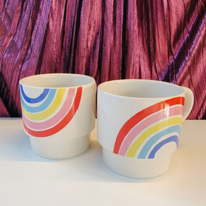 70s Rainbow Stacking Mug Set of 2 Vintage Style GIftable 14 oz Mugs in Painted Ceramic 3