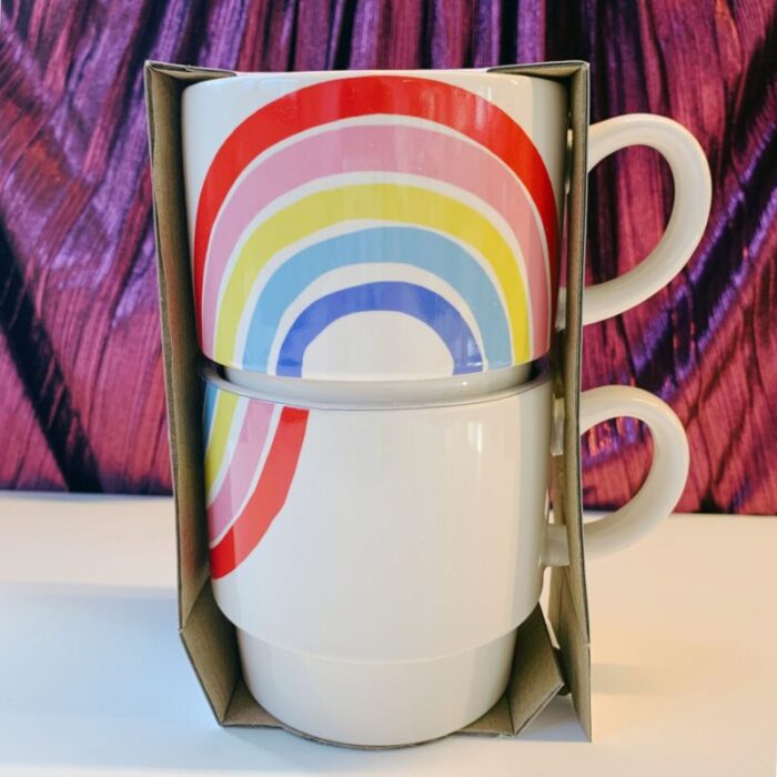 70s Rainbow Stacking Mug Set of 2 Vintage Style GIftable 14 oz Mugs in Painted Ceramic 4