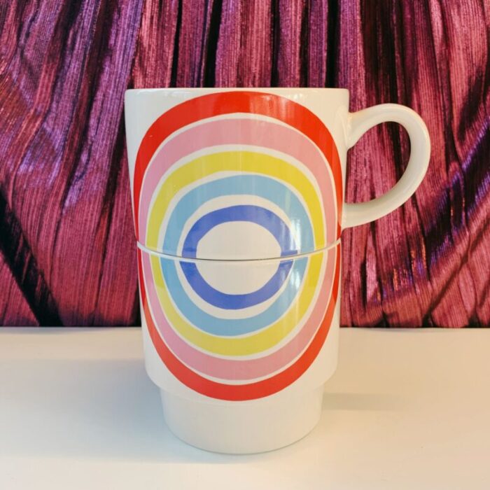 70s Rainbow Stacking Mug Set of 2 Vintage Style GIftable 14 oz Mugs in Painted Ceramic 5