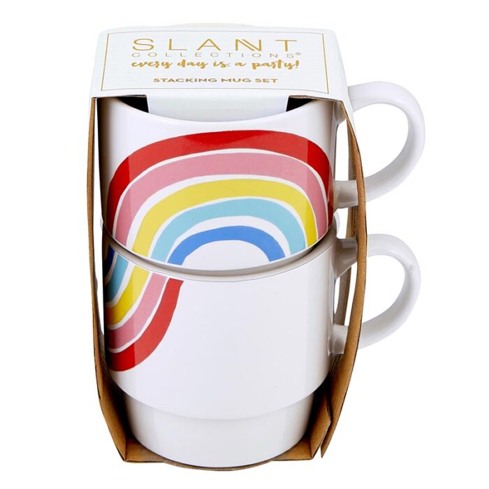 70s Rainbow Stacking Mug Set of 2 Vintage Style GIftable 14 oz Mugs in Painted Ceramic 7