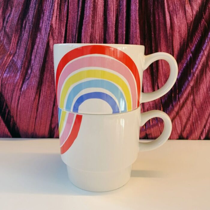 70s Rainbow Stacking Mug Set of 2 Vintage Style GIftable 14 oz Mugs in Painted Ceramic