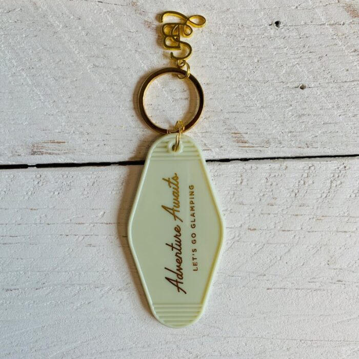 Adventure Awaits Lets Go Glamping Motel Style Keychain in Light Green with Gold Hardware 2