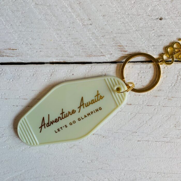 Adventure Awaits Lets Go Glamping Motel Style Keychain in Light Green with Gold Hardware 3