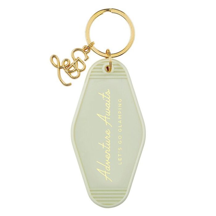 Adventure Awaits Lets Go Glamping Motel Style Keychain in Light Green with Gold Hardware 4