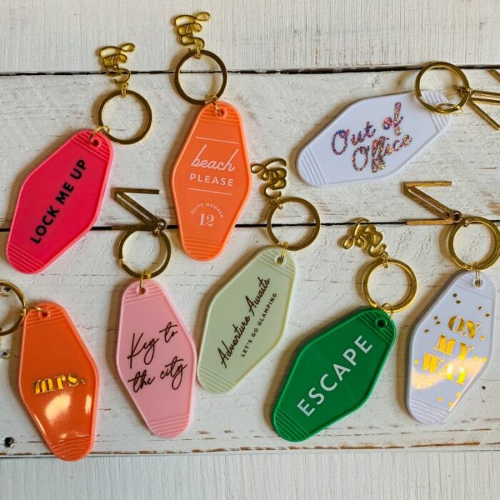 Adventure Awaits Lets Go Glamping Motel Style Keychain in Light Green with Gold Hardware 5