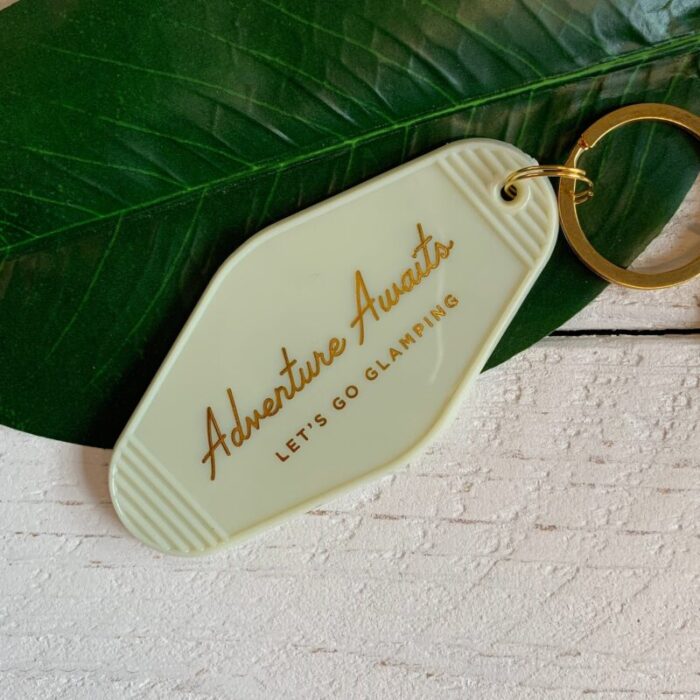 Adventure Awaits Lets Go Glamping Motel Style Keychain in Light Green with Gold Hardware