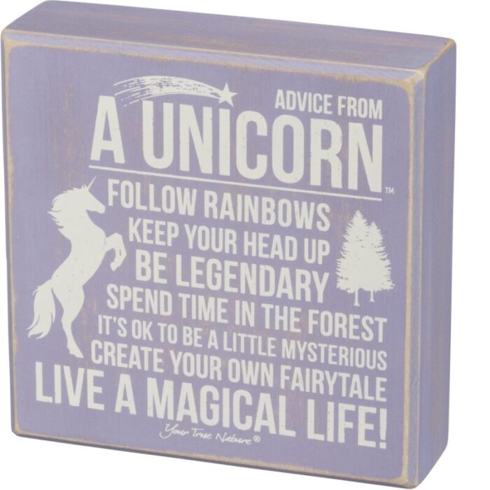 Advice From Unicorn Box Sign Wood Purple with White Lettering 2