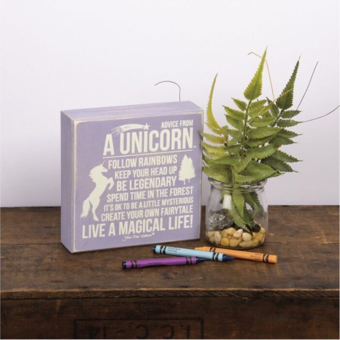 Advice From Unicorn Box Sign Wood Purple with White Lettering 3