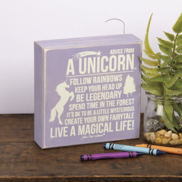 Advice From Unicorn Box Sign Wood Purple with White Lettering 319f2974 b872 4fbe b392 810fb37881fe