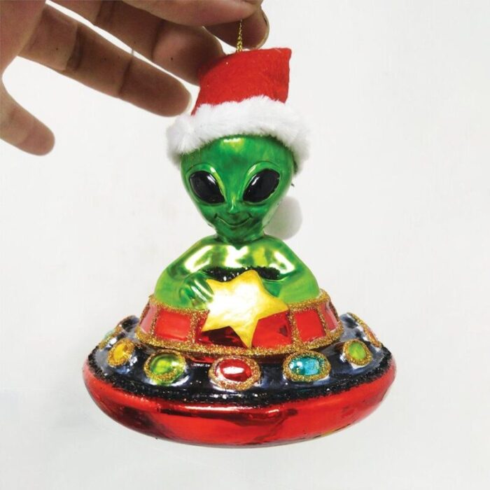 AlienandUFOGlassChristmasOrnamentmockup1 plainbackground