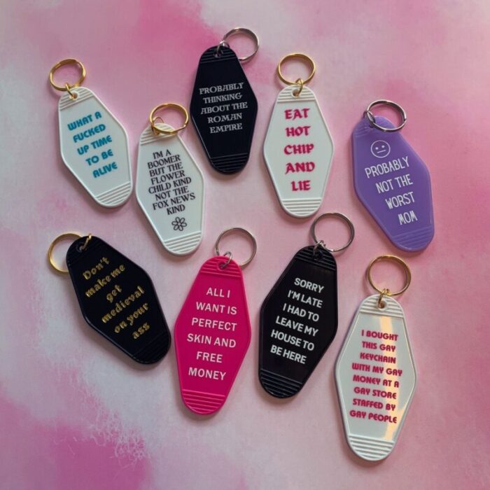 All I Want is Perfect Skin and Free Money Motel Style Keychain in Fuchsia Pink 6