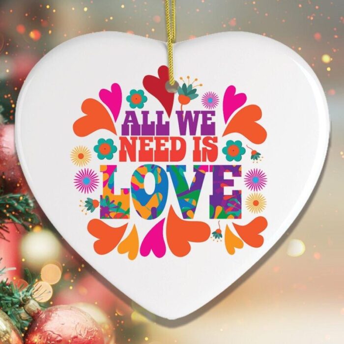 AllWeNeedisLoveOrnament 1960sHippyPsychedelicStyleChristmasDecorationCloseupColorfulChristmasTreeOrnamentMockup