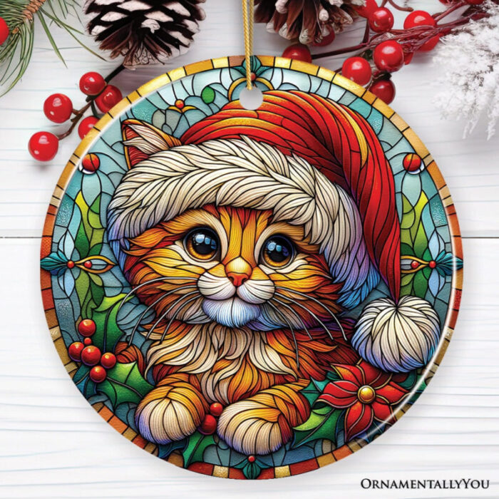 ForProduct 01AdorableCatinSantaHatStainedGlassStyleCeramicOrnament ChristmasGiftandDecorMockupGroup 05