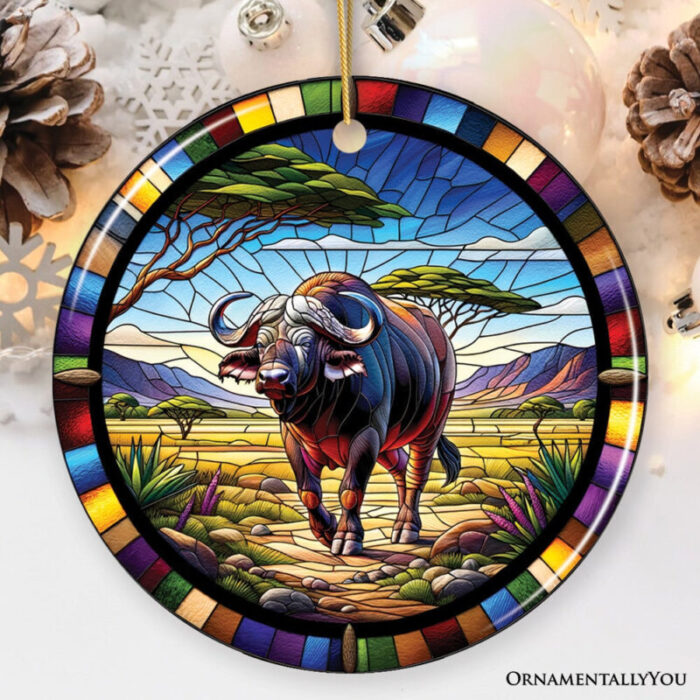 ForProduct 01AfricanBuffaloWildlifeEncounterStainedGlassStyleCeramicOrnament SafariAnimalsChristmasGiftandDecorMockupGroup 05 2