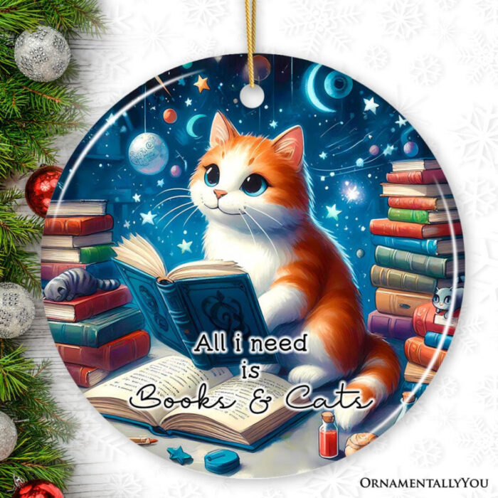 ForProduct 01AllINeedisBooks CatsCeramicOrnament BookLoverGiftofImaginationandtheUniverseMockupGroup 01