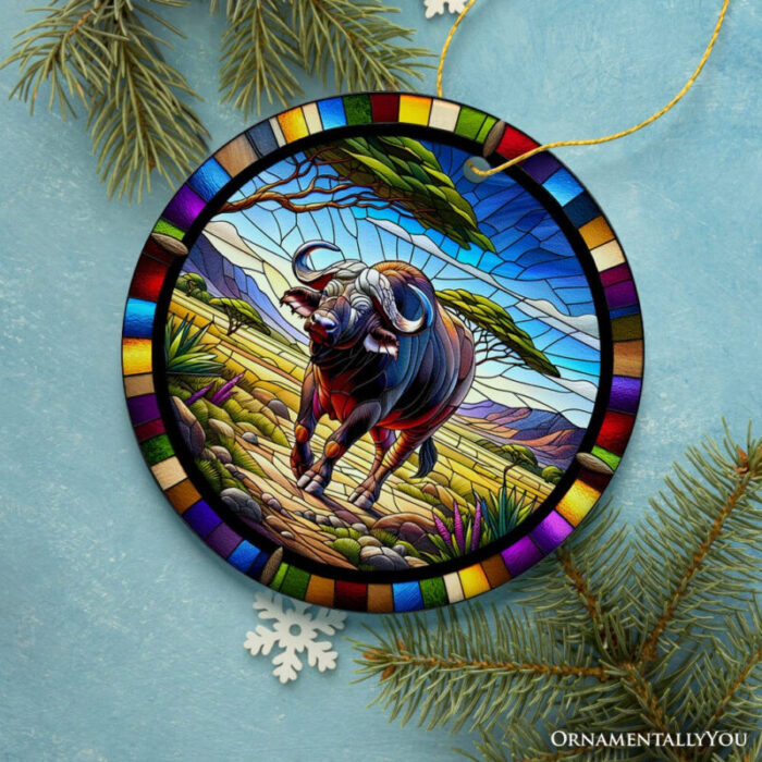 ForProduct 02AfricanBuffaloWildlifeEncounterStainedGlassStyleCeramicOrnament SafariAnimalsChristmasGiftandDecor3DRealisticMockup 05 2