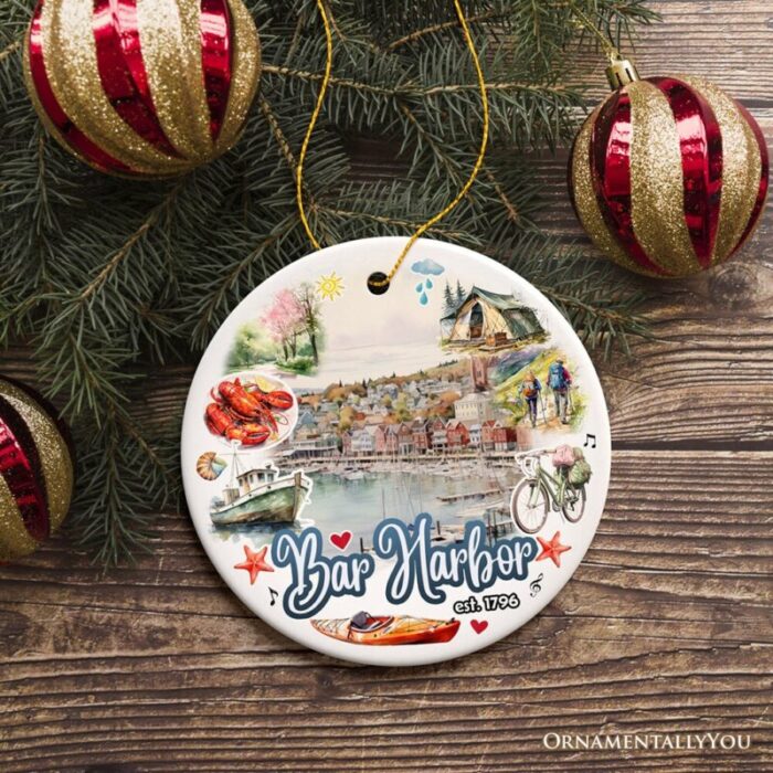 ForProduct 02ArtisticBarHarborChristmasOrnament MaineSouvenirandGiftwithLobsterandAcadiaArt3DRealisticMockup 02