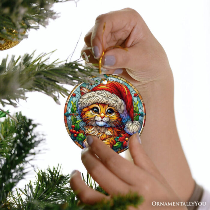 ForProduct 03AdorableCatinSantaHatStainedGlassStyleCeramicOrnament ChristmasGiftandDecor3DHumanMockup43