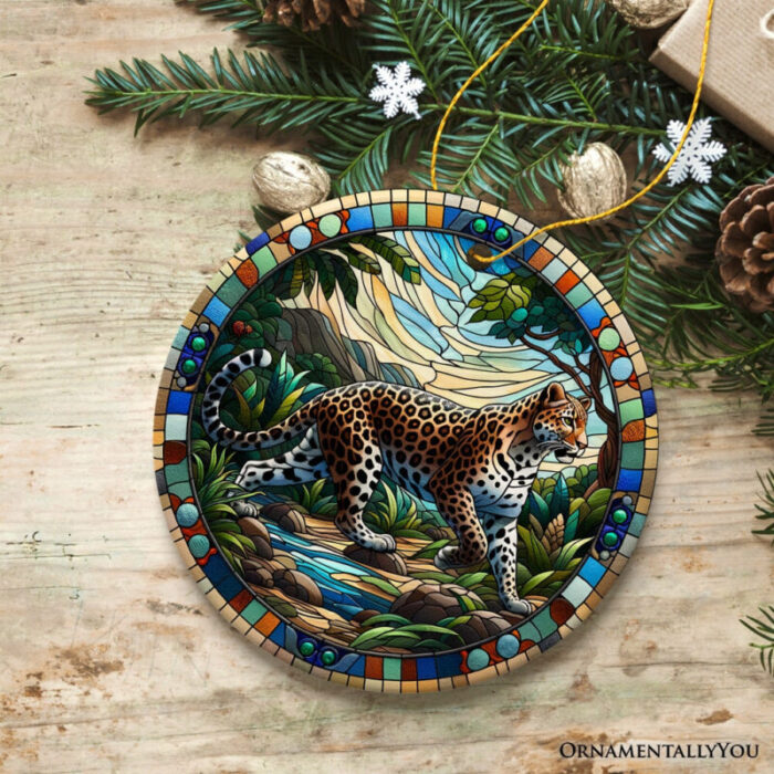 ForProduct 04AfricanLeopardExpeditionStainedGlassStyleCeramicOrnament SafariAnimalsChristmasGiftandDecor023DRealisticMockup 04