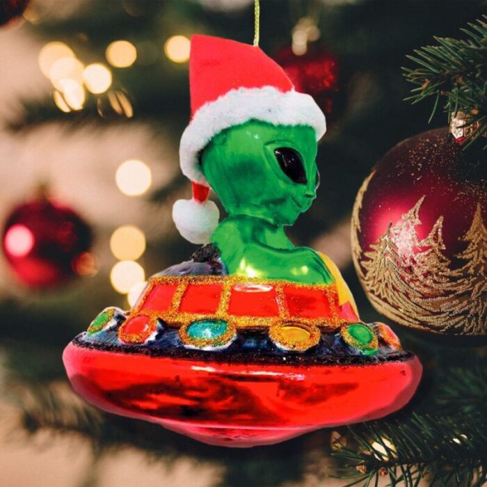 forproductGlassAlienandUFOChristmasTreewithRedOrnamentsMockup